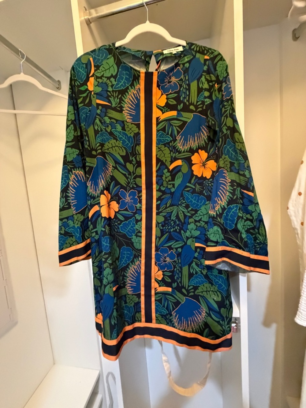 CELINA MOON Green Floral Midi Dress with Blue and Orange Accents